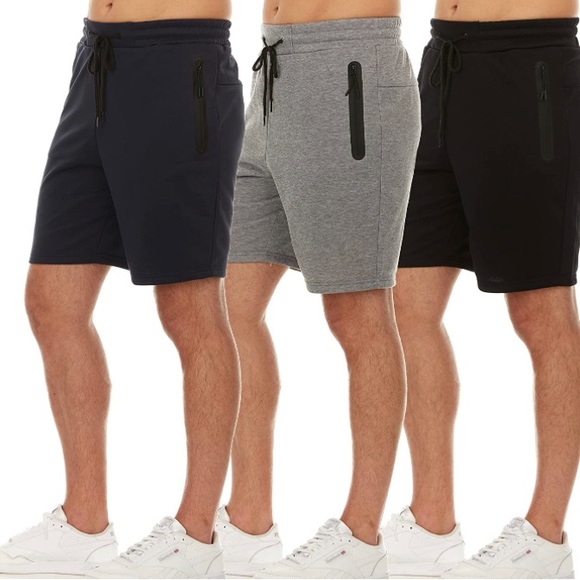 Men's 3 Pk Casual Gym Shorts Sweat Shorts with Zipper Pocket - Picture 2 of 5